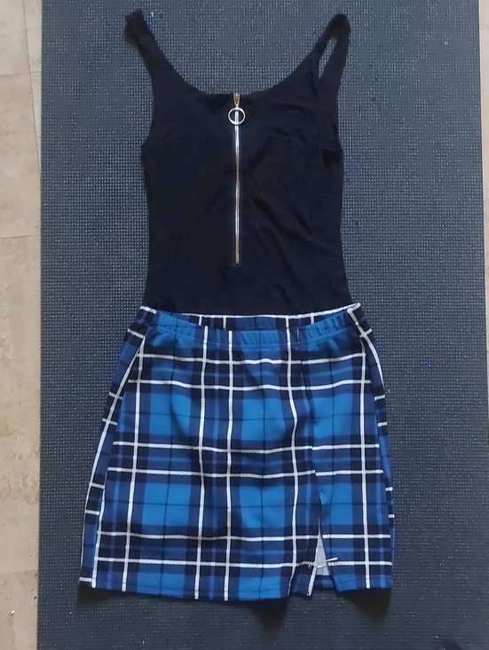 SHEIN Dresses & Skirts - Blue Plaid Mini Skirt And Ribbed Tank Bodysuit